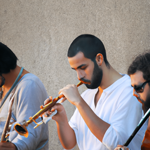 A group of musicians playing traditional Israeli instruments, such as the Oud and the Shofar, in a lively street performance.